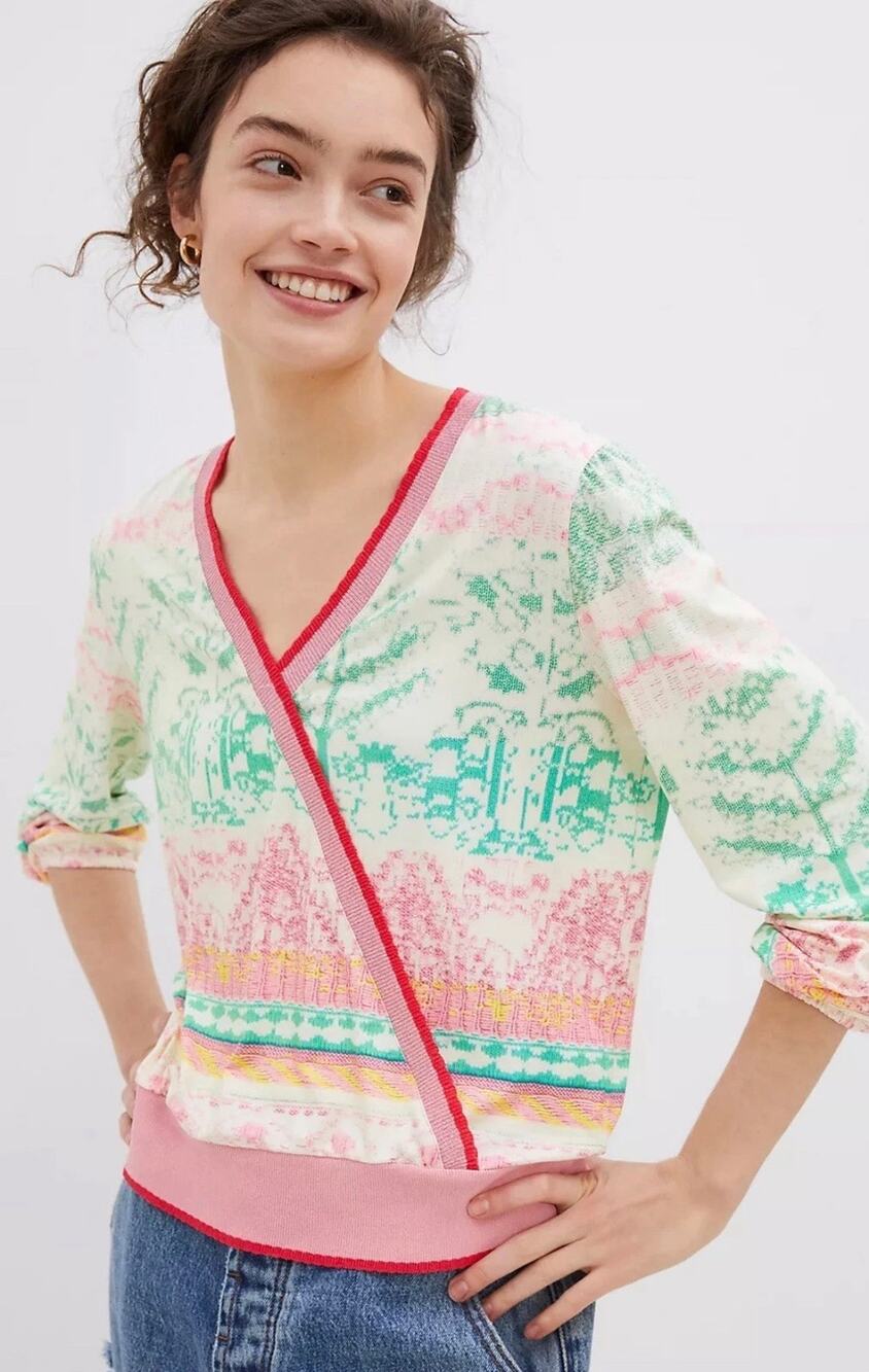 Aldo Martins Anthropologie Andalia Pink Green Knit Surplice Top Size M